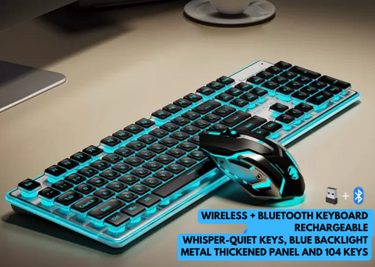EWEADN GX710 - Silent Black Keys and Blue Backlight - Bluetooth Dual-Mode - Mouse Included